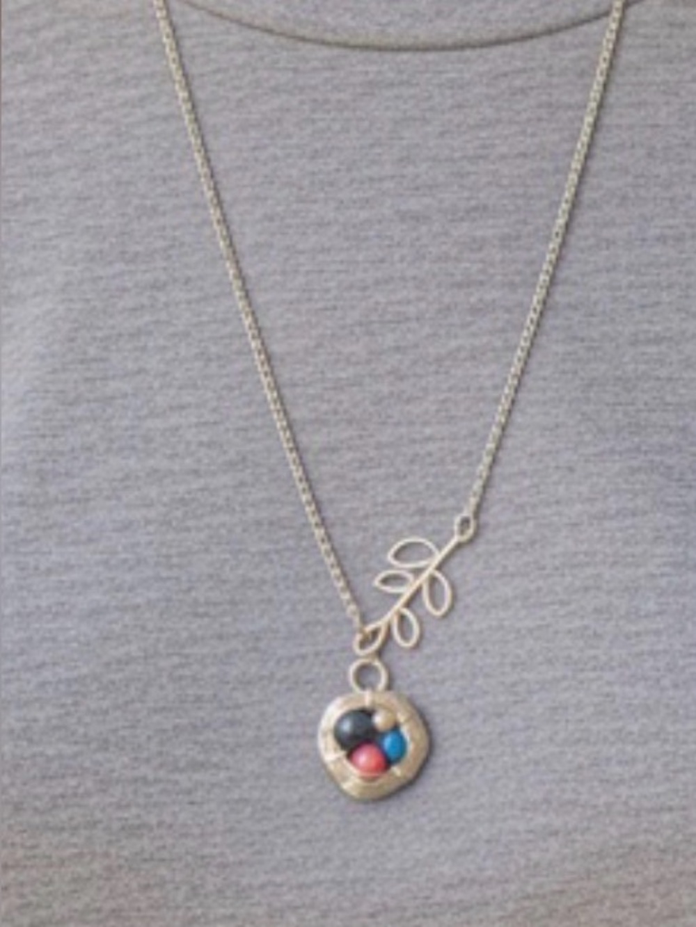 Silver Leaf Pendant Necklace with Multicolor Bead Accent Birds Nest 18”